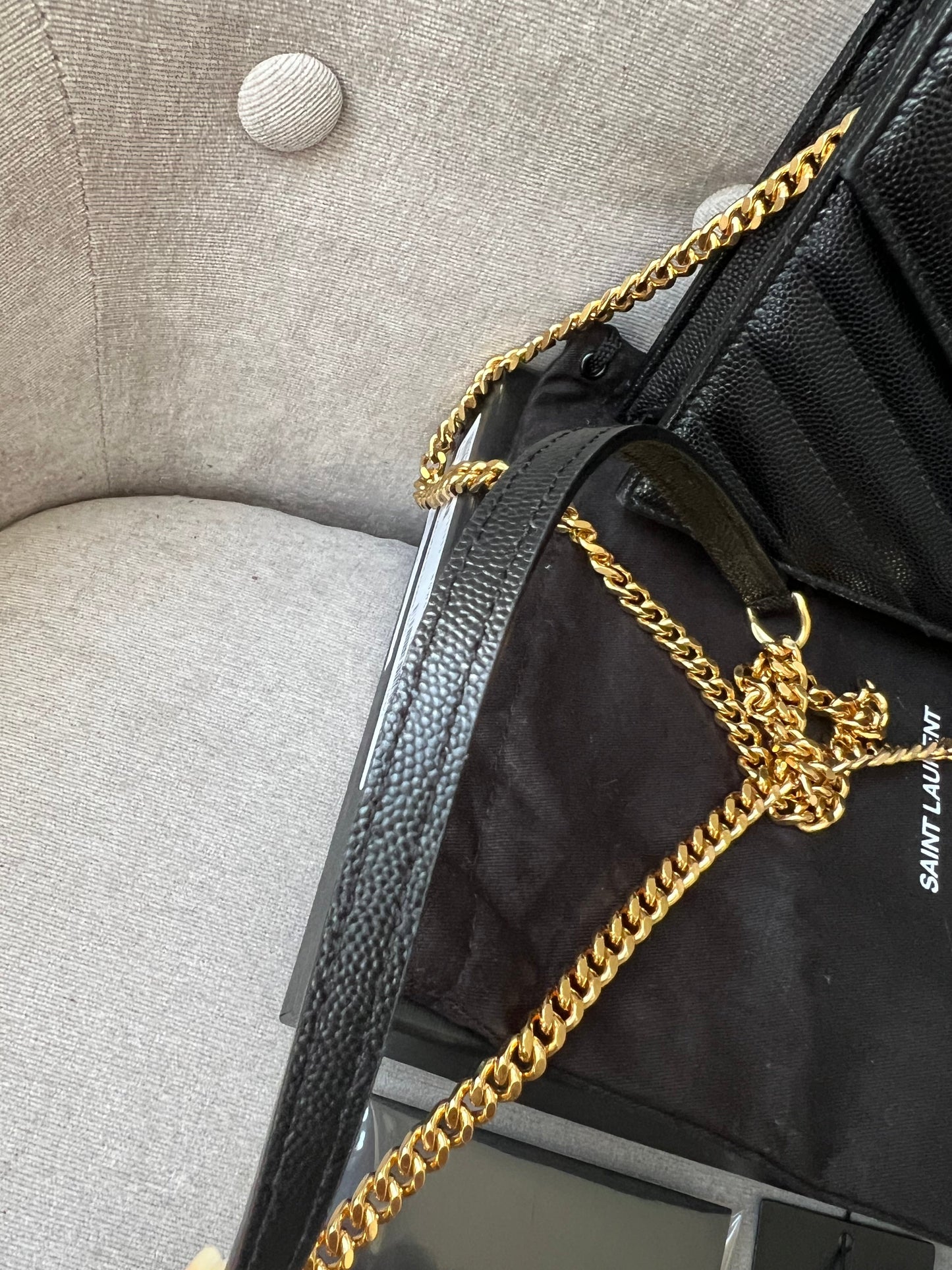 Yves Saint Laurent (YSL) Black Cassandra Envelope Chain Wallet