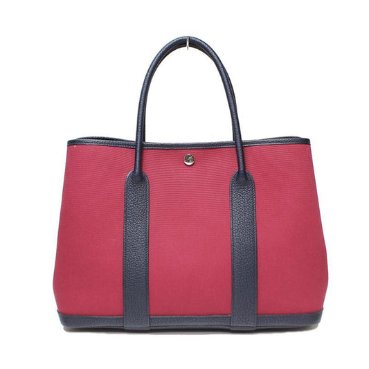 Hermes Rouge Moyen Garden Party Leather PM Toile Tote  (SHA25734)