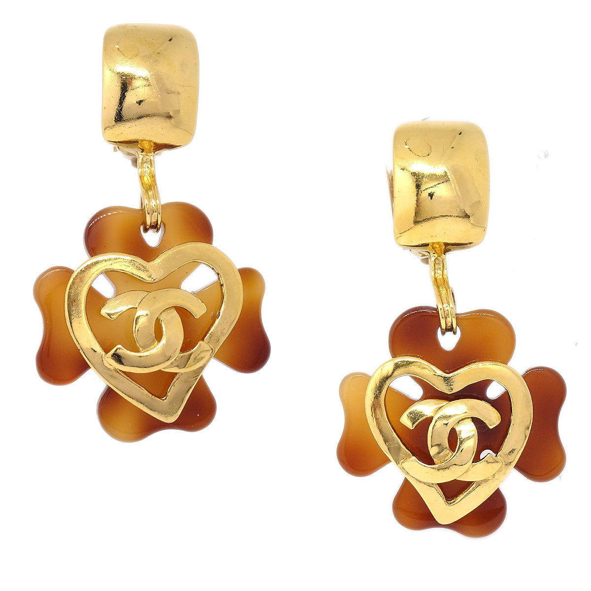 CHANEL 1995 Faux Tortoiseshell Heart CC Dangle Earrings 10526