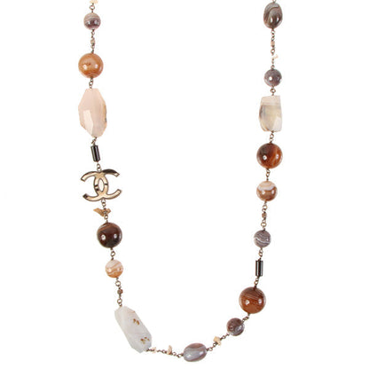 CHANEL 2010 Made Cc Mark Stone Long Necklace Brown/Multi