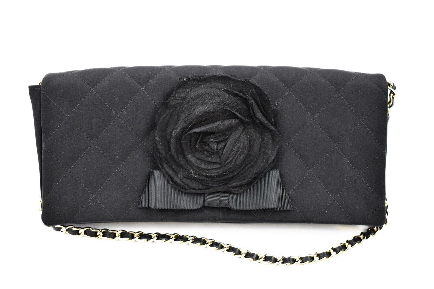 CHANEL - Camellia Black Satin Pochette Bag - Gold Chain Strap Quilted