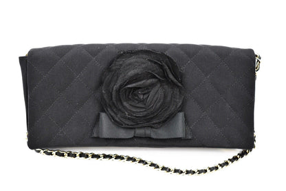 CHANEL - Camellia Black Satin Pochette Bag - Gold Chain Strap Quilted