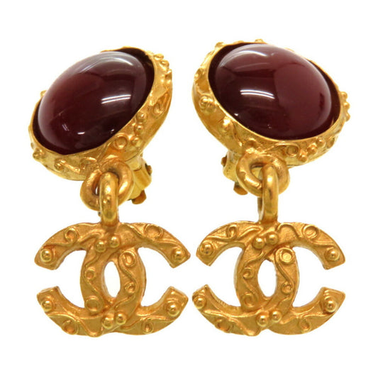 Chanel Coco Mark Color Stone Gold Earrings Wine Red Accessories