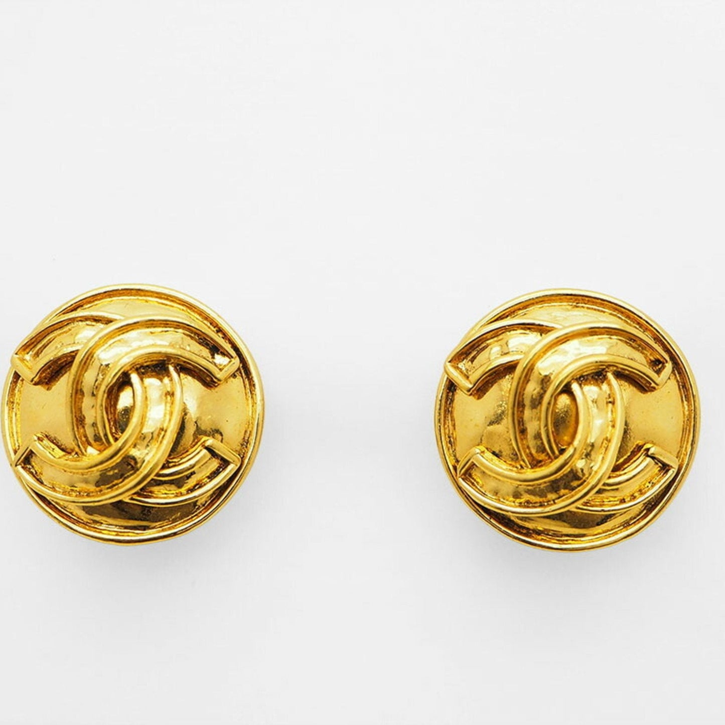 CHANEL 94P Vintage Round Coco Earrings Gold Border Logo