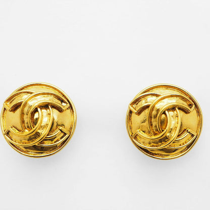 CHANEL 94P Vintage Round Coco Earrings Gold Border Logo