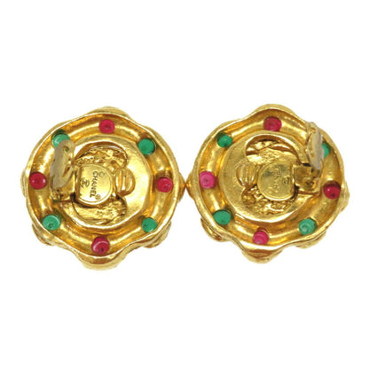 Chanel Vintage Stone Red Green Gold Earrings Coco Mark Accessories 0073 CHANEL