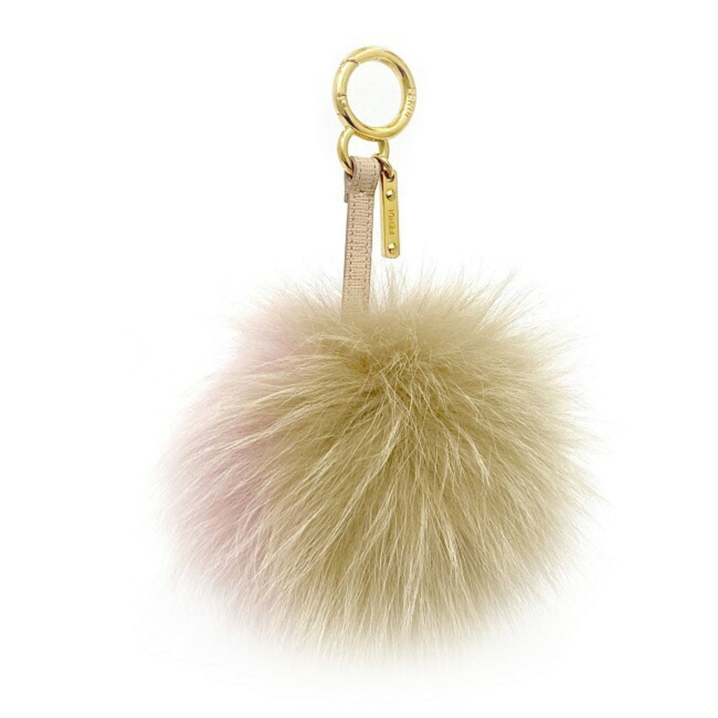 FENDI Charm Pink Beige Gold 7AR259 Fur  Bag Round Key Ring Keychain Women's Pompon Leather Strap