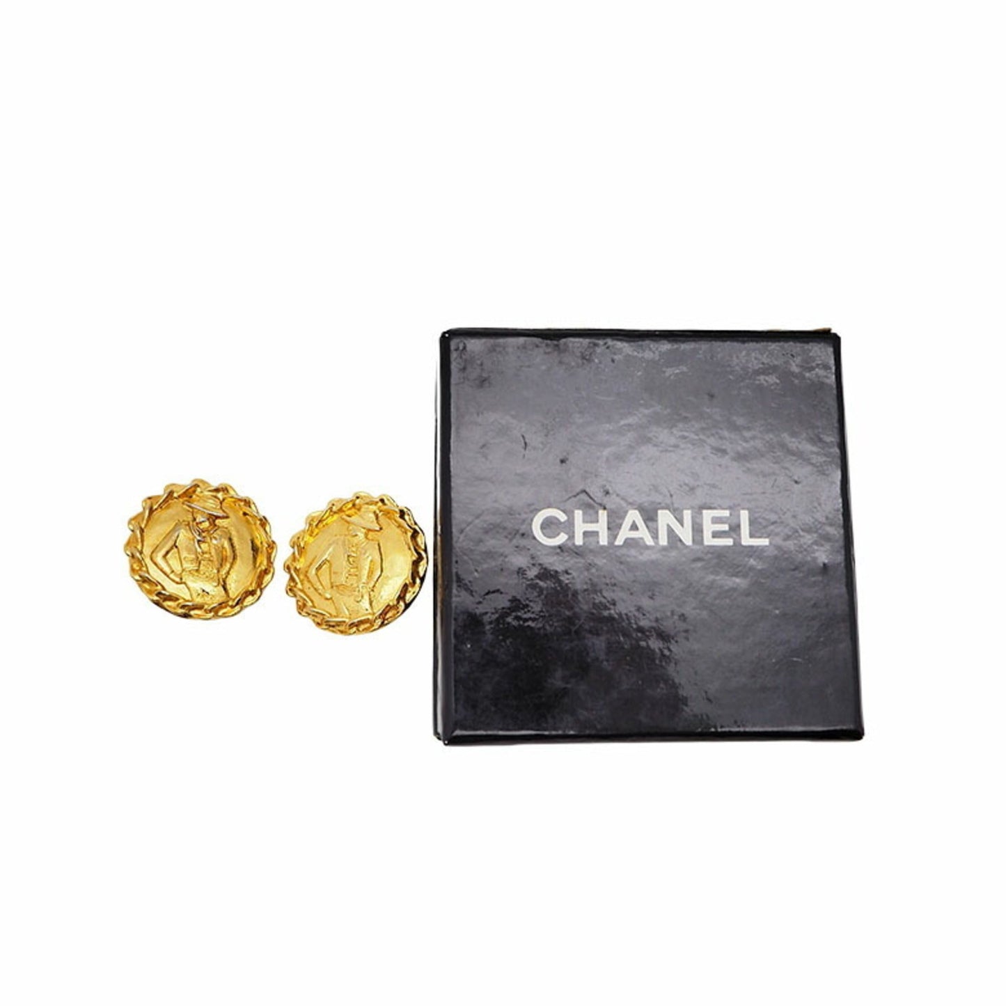 CHANEL Vintage Round Mademoiselle Earrings Chain Around Gold