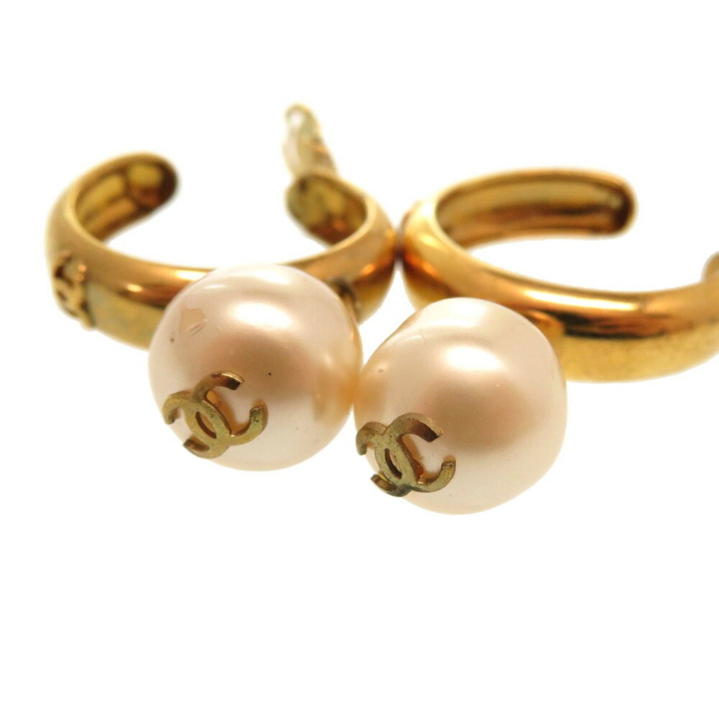 Chanel Vintage Fake Pearl Loop Coco Mark 93P Gold Earrings Accessories