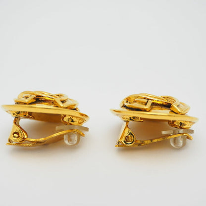 CHANEL 94P Vintage Round Coco Earrings Gold Border Logo