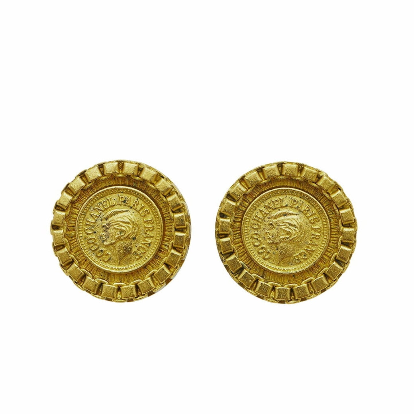 CHANEL 95P Coin Motif Coco Chanel Earrings Gold Profile Round