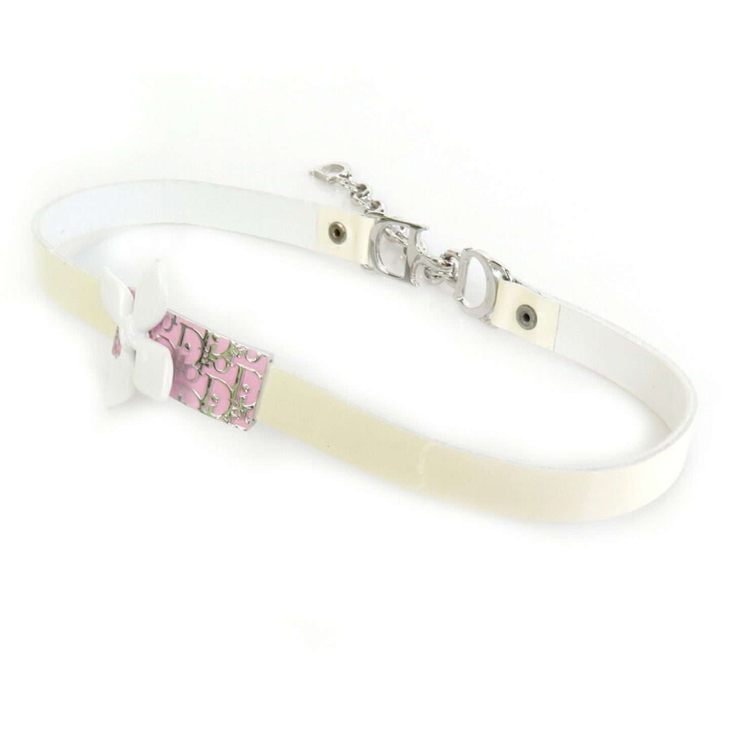 CHRISTIAN DIOR Choker Necklace Trotter Flower Leather/Metal Off-White/Pink/Silver Women's e55784f