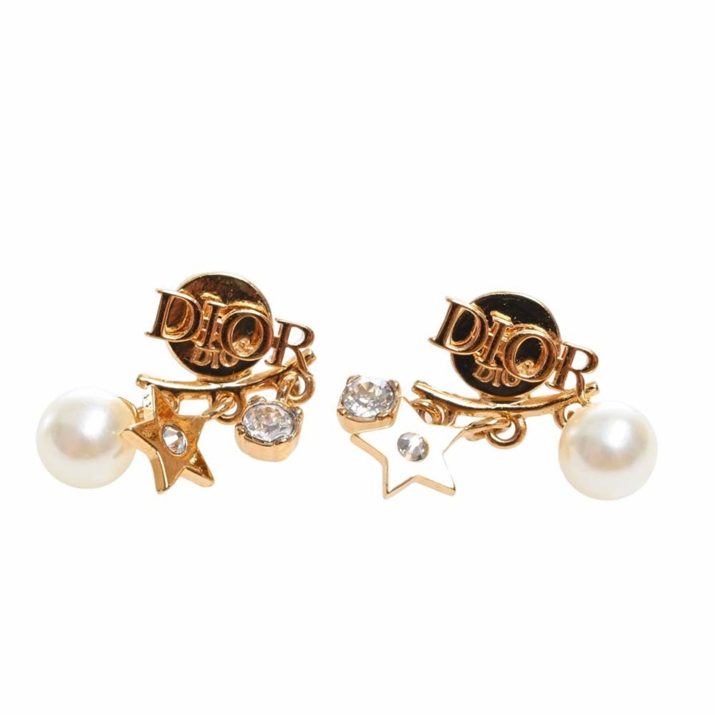 CHRISTIAN DIOR Rhinestone Pearl Star Logo Charm Earrings Gold Women's