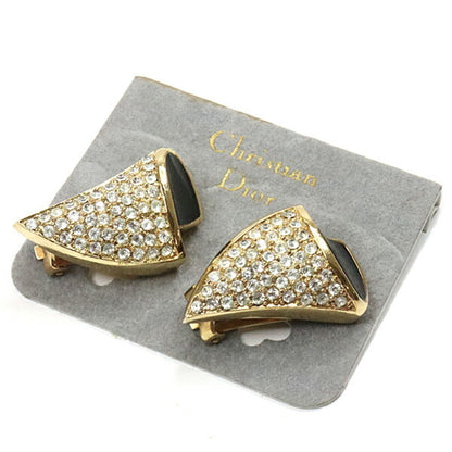 Christian Dior crystal earrings metal/enamel gold/black/clear clip type rubber pad deterioration existence