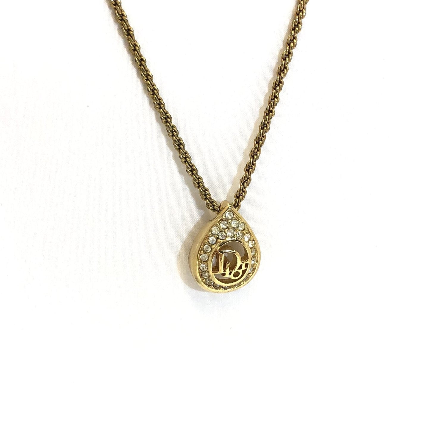 Christian Dior Necklace Logo Rhinestone Drop Shaped Pendant Double Rope Chain Gold Accessory Approximately 39cm Women's ITMBJM5QJMG4 RLV2656M