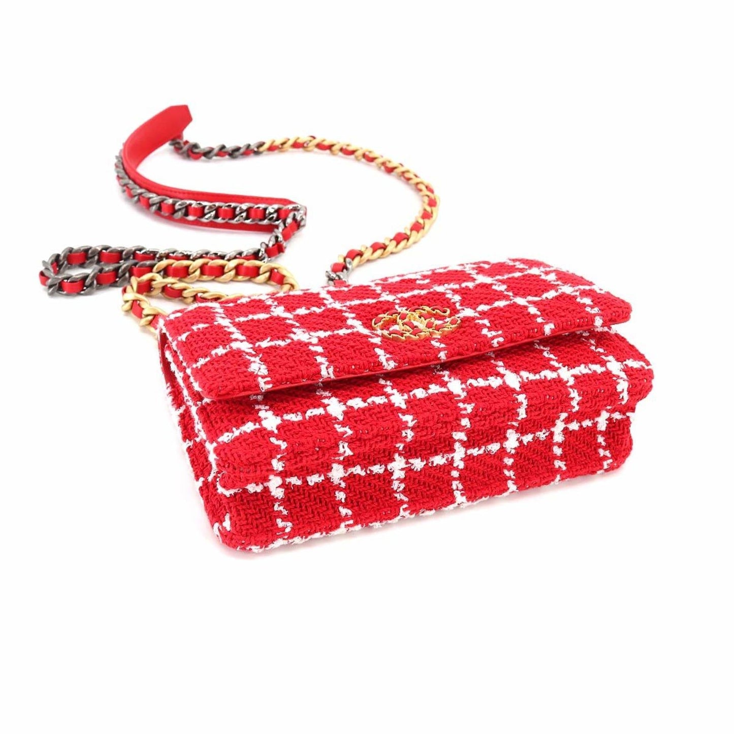 CHANEL 19 Chain Wallet Long Tweed Leather Red White Check AP3267