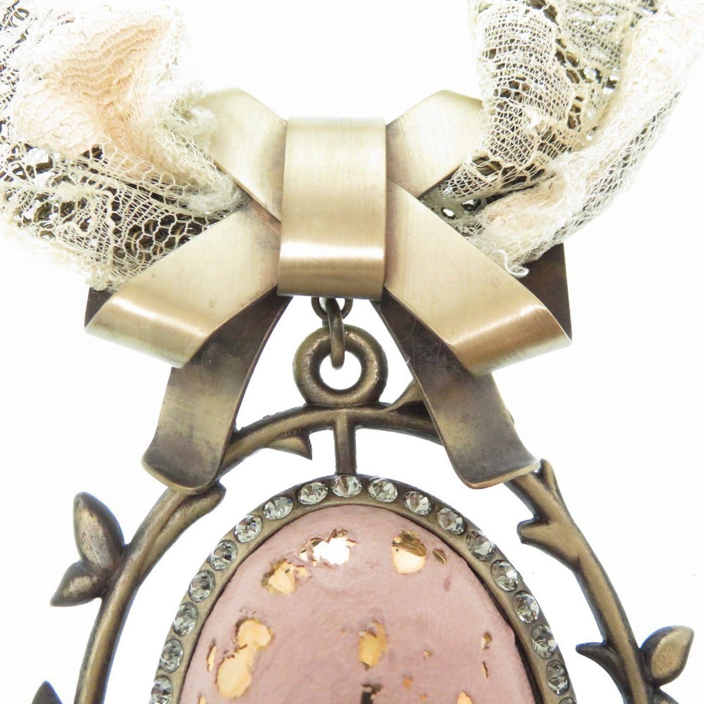 Christian Dior Pendant Necklace Metal Rhinestone Leather Pink Lace Accessory 0317Dior