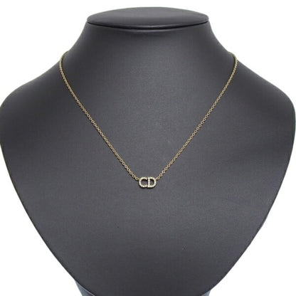 CHRISTIAN DIOR Rhinestone Logo Necklace Gold Women's