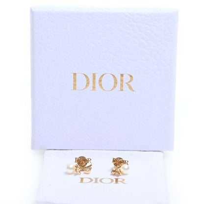 CHRISTIAN DIOR Rhinestone Pearl Star Logo Charm Earrings Gold Women's