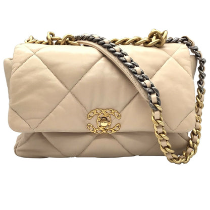 Chanel 19 Nineteen Large Bag 2WAY Chain Shoulder Lambskin Beige Vintage