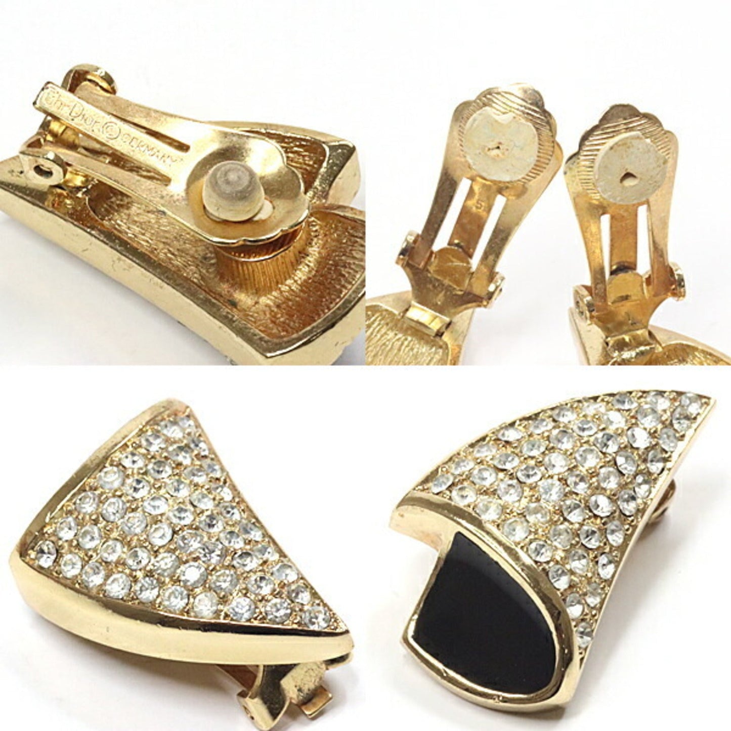 Christian Dior crystal earrings metal/enamel gold/black/clear clip type rubber pad deterioration existence