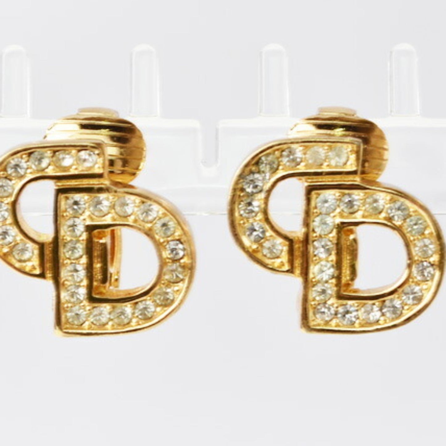 Christian Dior earrings CD motif rhinestone gold