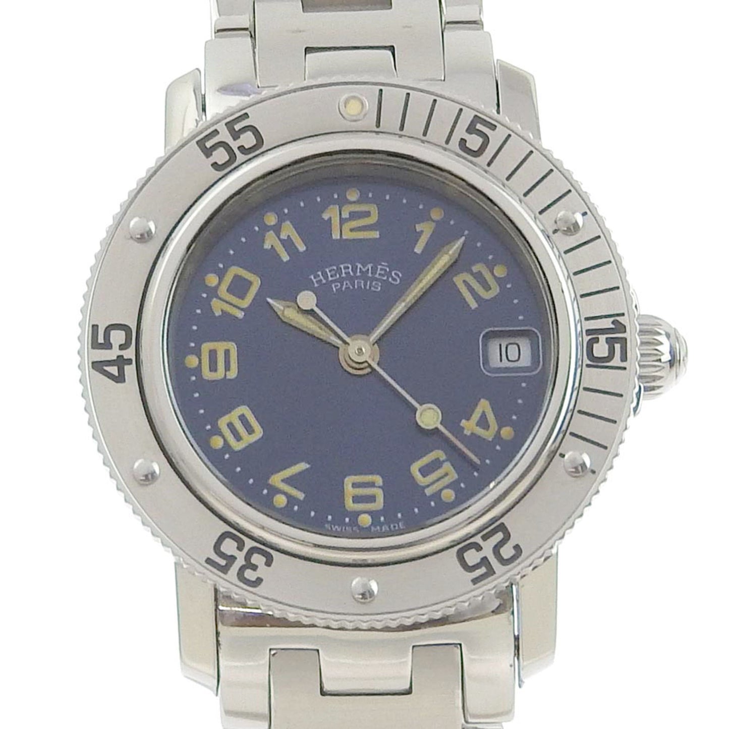 HERMES Clipper Watch Diver CL5.210 Stainless Steel Silver Quartz Analog Display Ladies Navy Dial