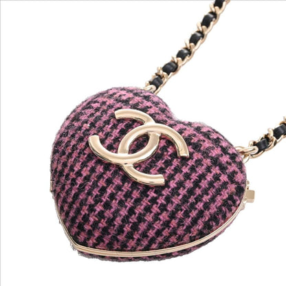 CHANEL Tweed Heart Here Mark Chain Necklace Pink Black Ladies