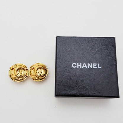 CHANEL 94P Vintage Round Coco Earrings Gold Border Logo