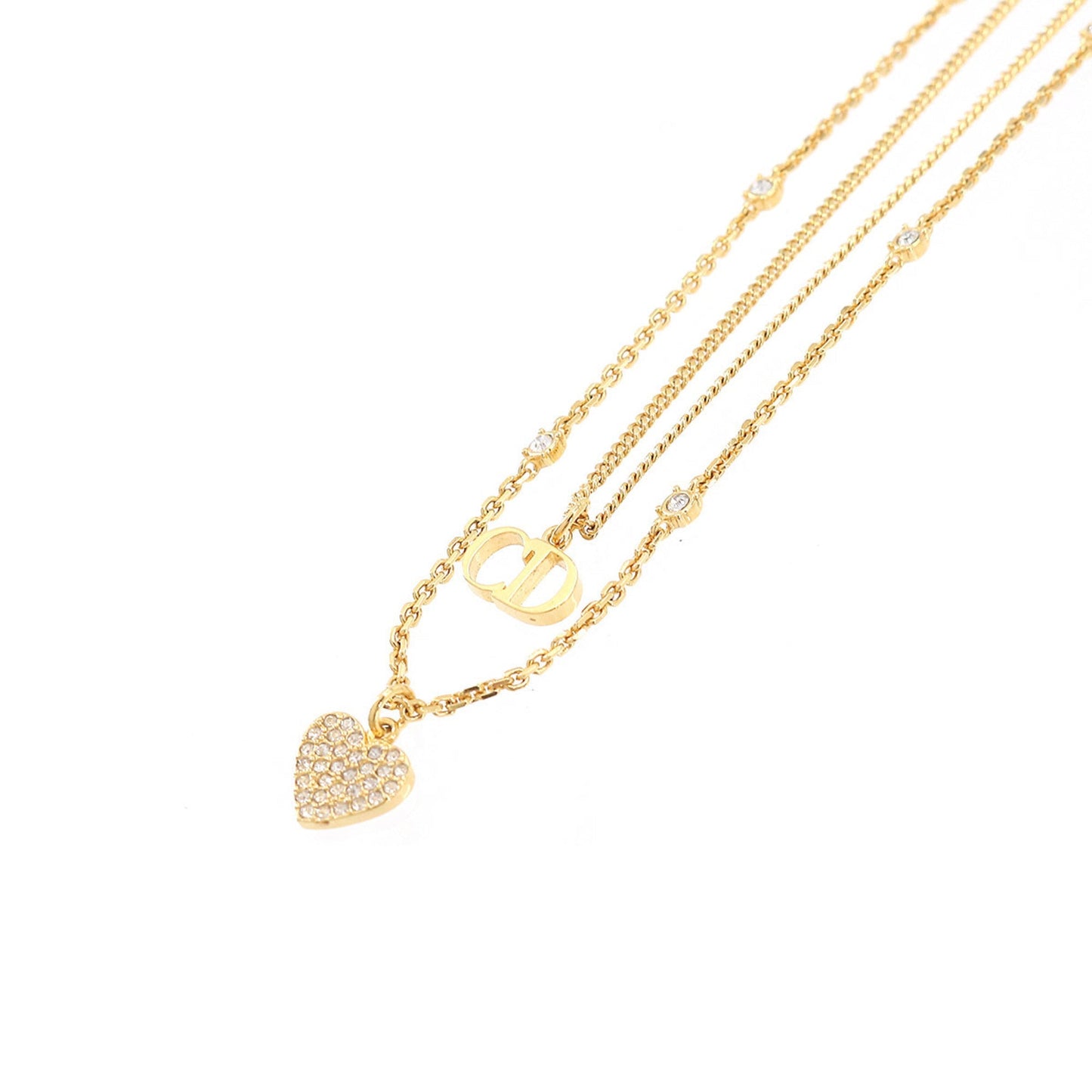 CHRISTIAN DIOR Clair D Lune Necklace Heart Rhinestone CD Logo Gold Accessories