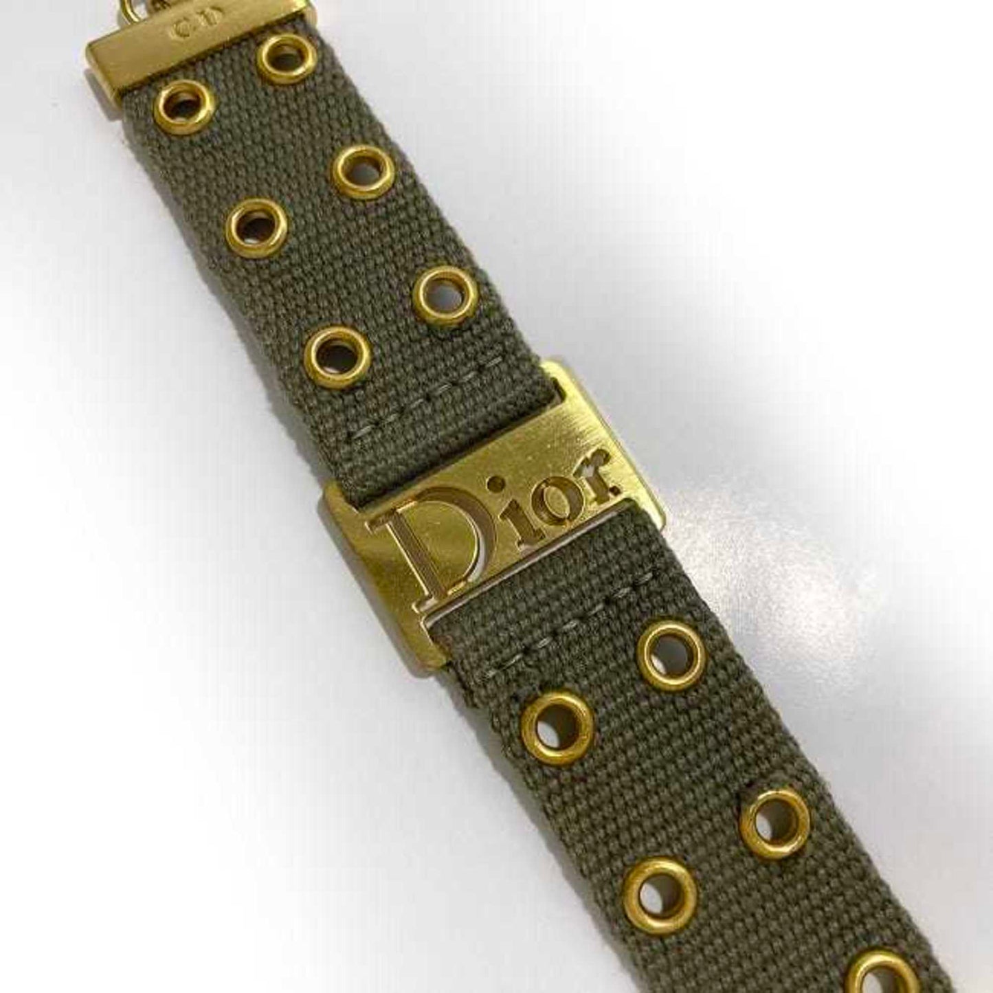 CHRISTIAN DIOR Bracelet Khaki Gold Canvas GP Chain Jacquard Plate Adjuster Accessory