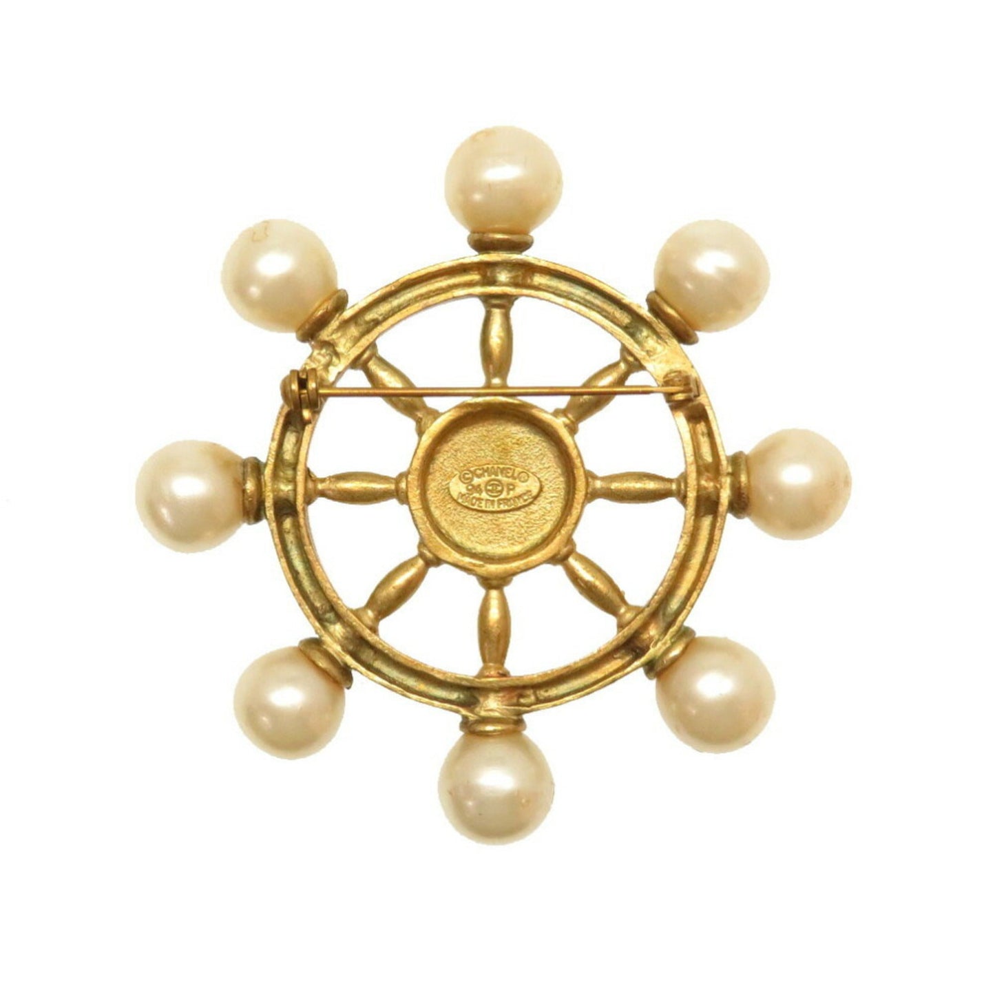 Chanel Vintage Steering Wheel Fake Pearl Coco Mark Gold Brooch Accessories