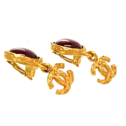 Chanel Coco Mark Color Stone Gold Earrings Wine Red Accessories