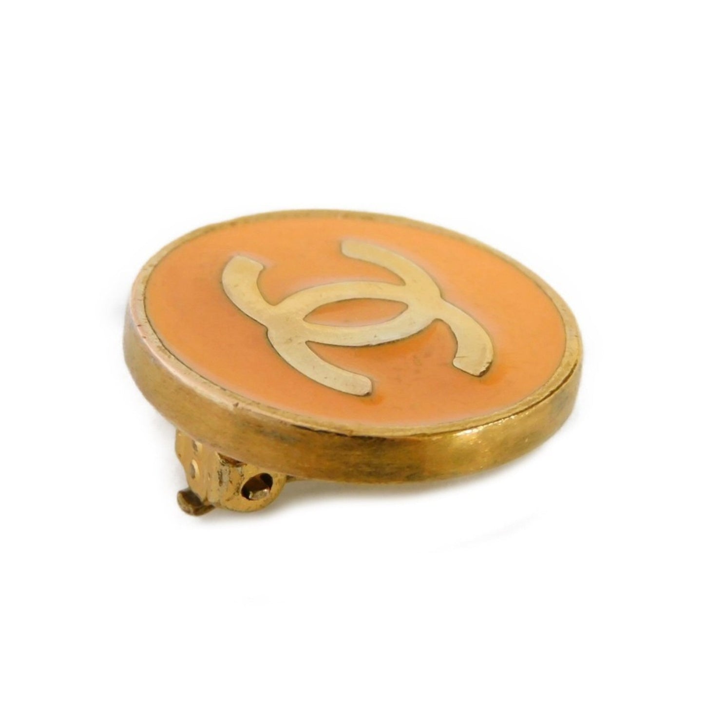 CHANEL Earrings Round Coco Mark Button Enamel Pastel GP Gold 01P Vintage CC Orange Ladies Accessories Jewelry