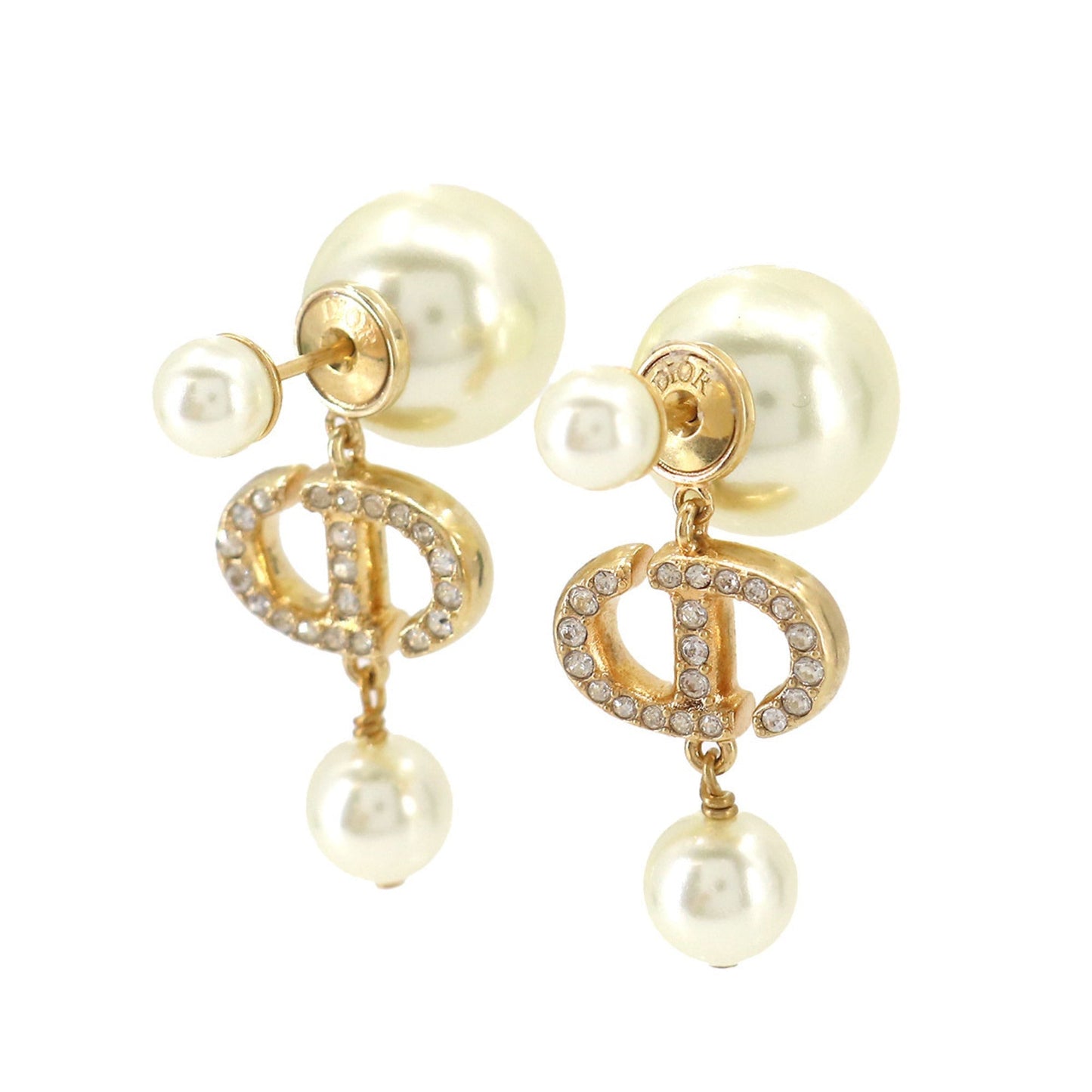 CHRISTIAN DIOR Fake Pearl Earrings Logo Rhinestone Gold White Accessories Earring