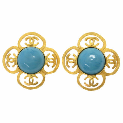 Chanel Color Stone Clover 95P Blue Gold Earrings 0761 CHANEL