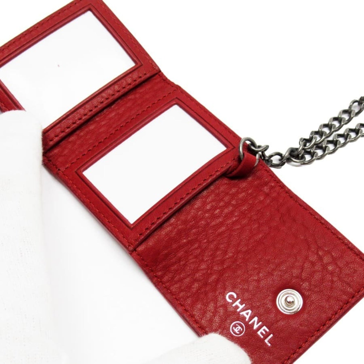 CHANEL photo case key ring charm here mark red system x silver leather metal material