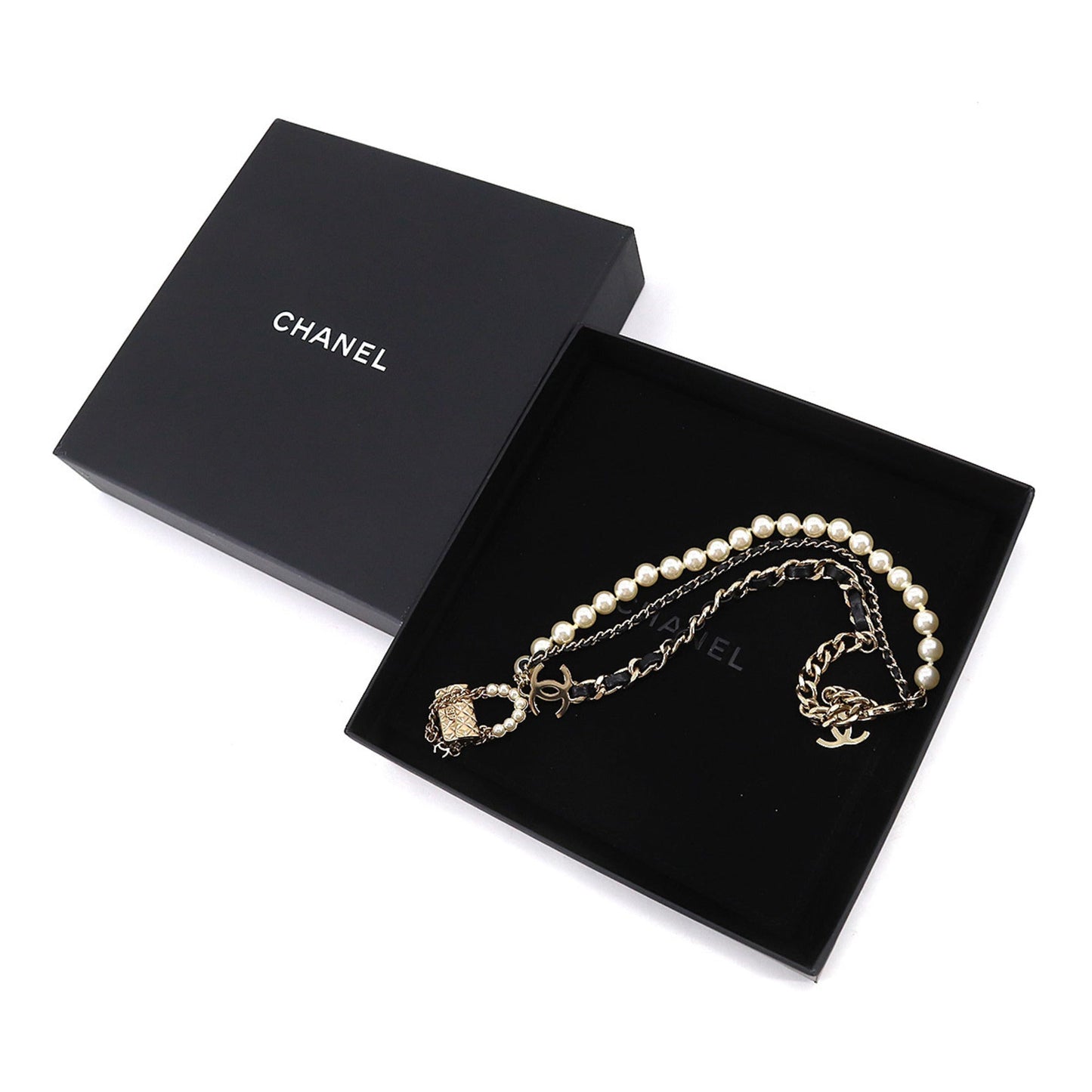 CHANEL Matelasse Bag Charm Necklace Fake Pearl Leather Gold B21S Accessories