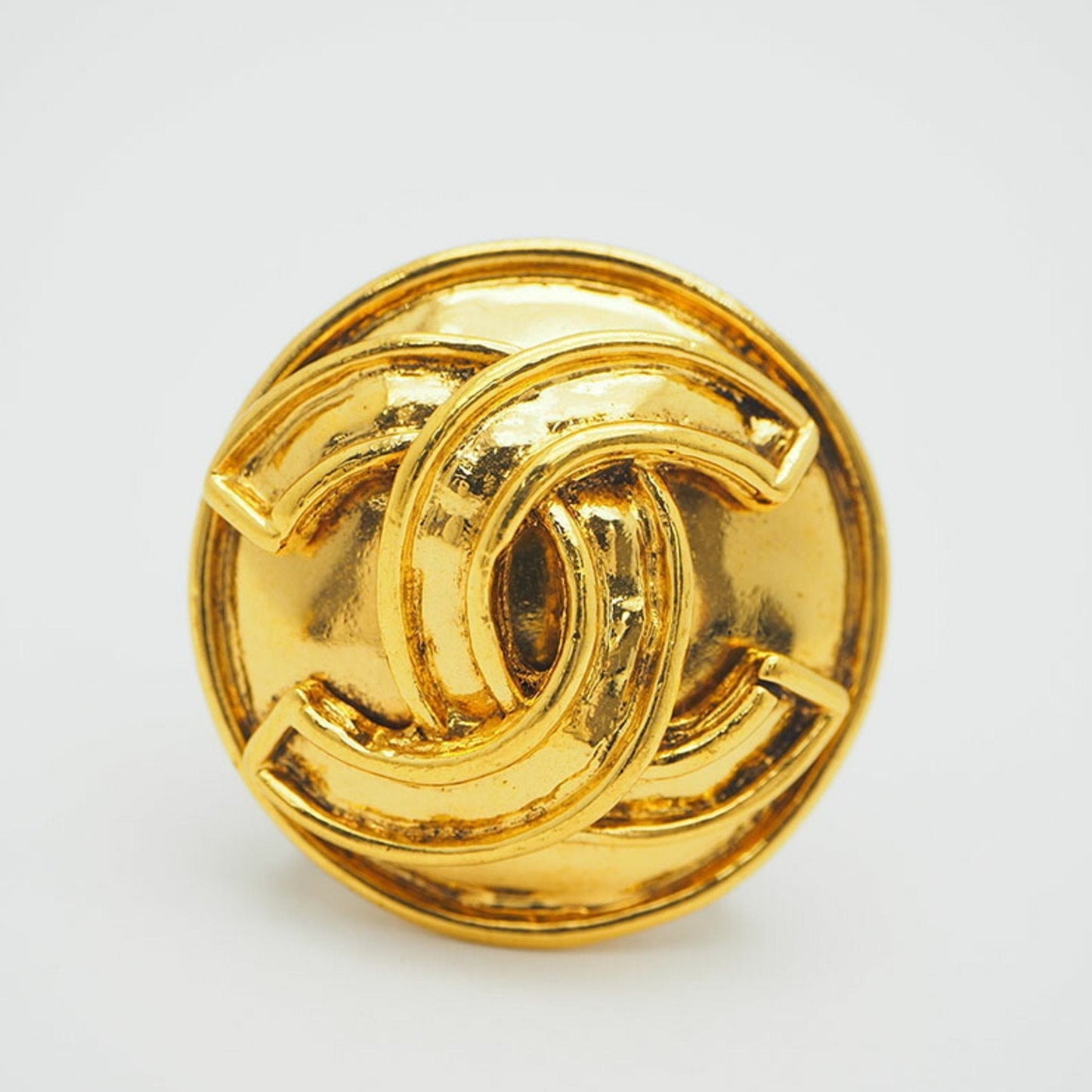 CHANEL 94P Vintage Round Coco Earrings Gold Border Logo