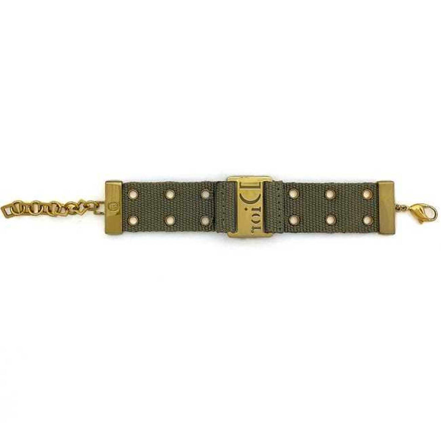 CHRISTIAN DIOR Bracelet Khaki Gold Canvas GP Chain Jacquard Plate Adjuster Accessory