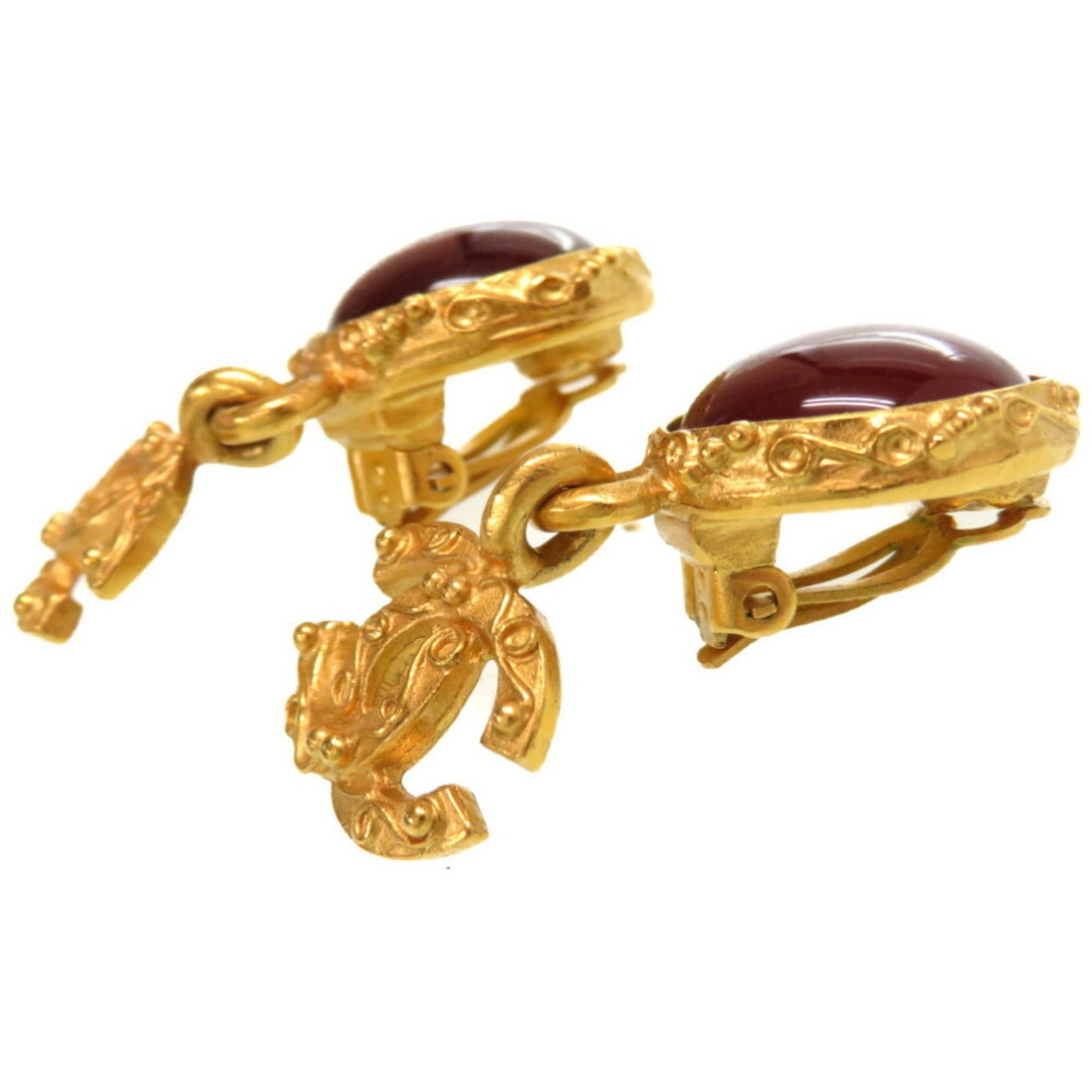 Chanel Coco Mark Color Stone Gold Earrings Wine Red Accessories