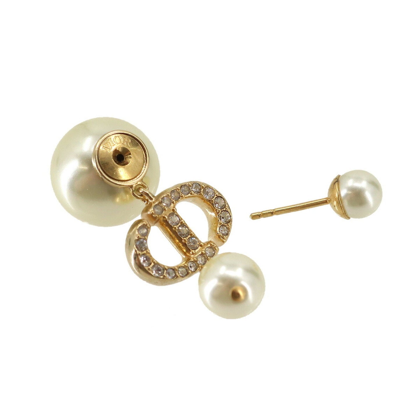 CHRISTIAN DIOR Fake Pearl Earrings Logo Rhinestone Gold White Accessories Earring