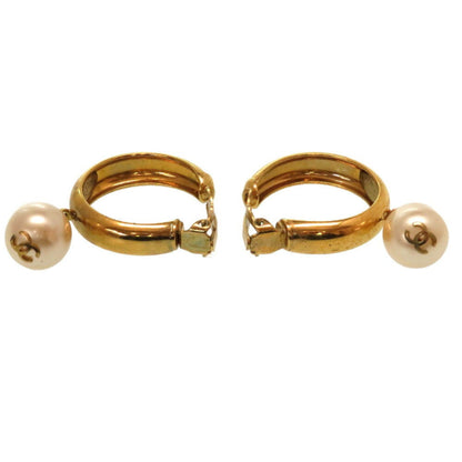 Chanel Vintage Fake Pearl Loop Coco Mark 93P Gold Earrings Accessories