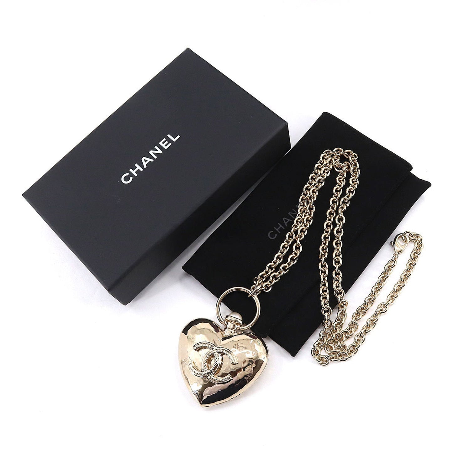 CHANEL Heart Coco Mark Locket Long Necklace Gold B22C Accessories