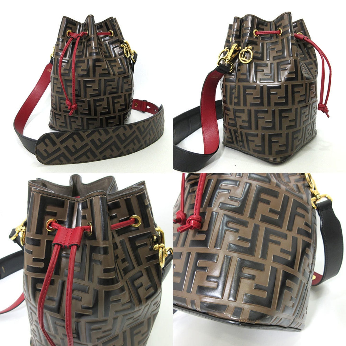 Fendi Bag Montresor Drawstring Shoulder Khaki x Red Zucca Semi-Shoulder Women's Leather FENDI