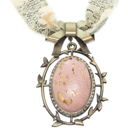 Christian Dior Pendant Necklace Metal Rhinestone Leather Pink Lace Accessory 0317Dior