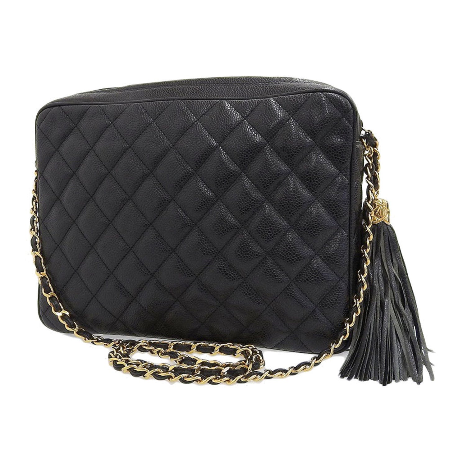 Chanel matelasse here mark fringe shoulder bag caviar skin black with seal No. 2