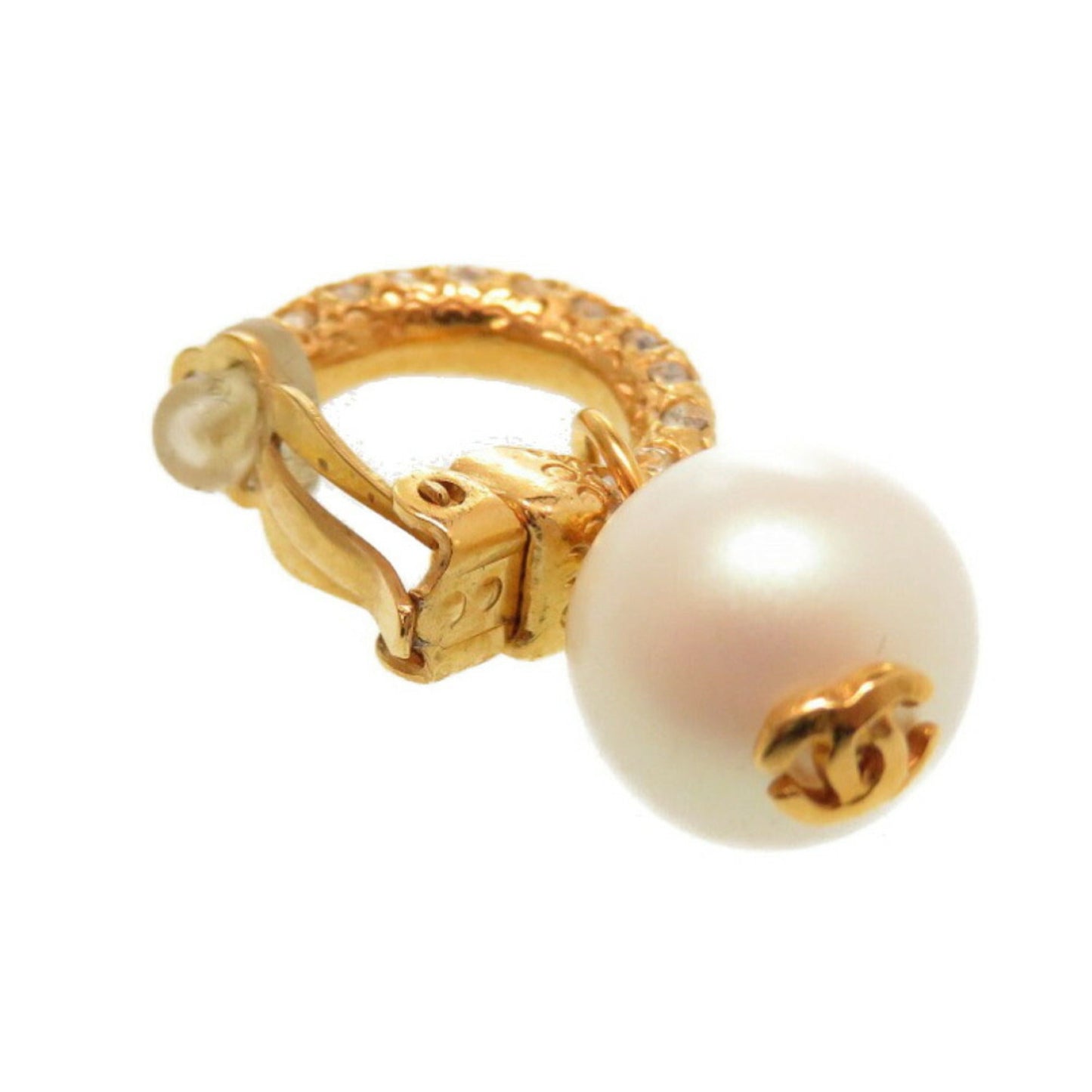 Chanel Vintage Fake Pearl Stone Coco Mark 01P Gold Earrings Accessories