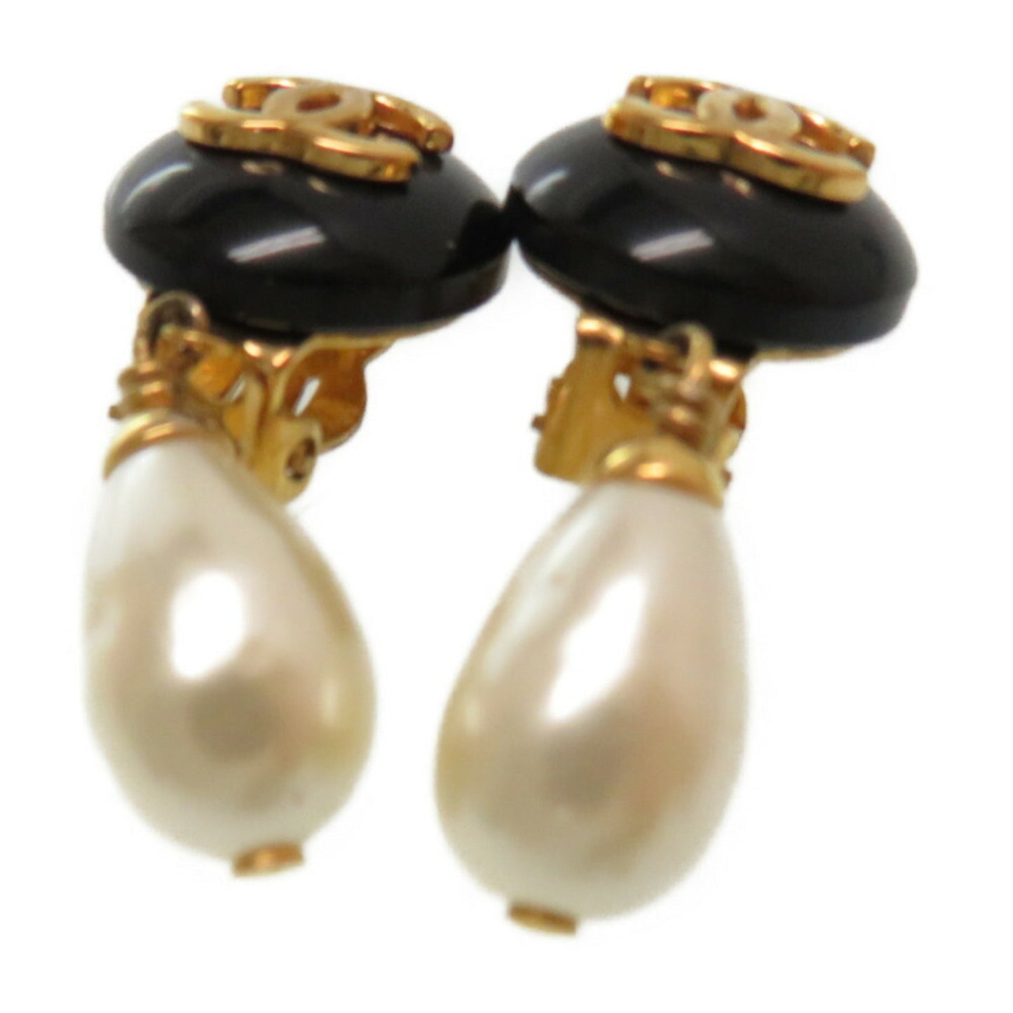 Chanel Coco Mark Fake Pearl Gold Earrings Vintage Black Accessories