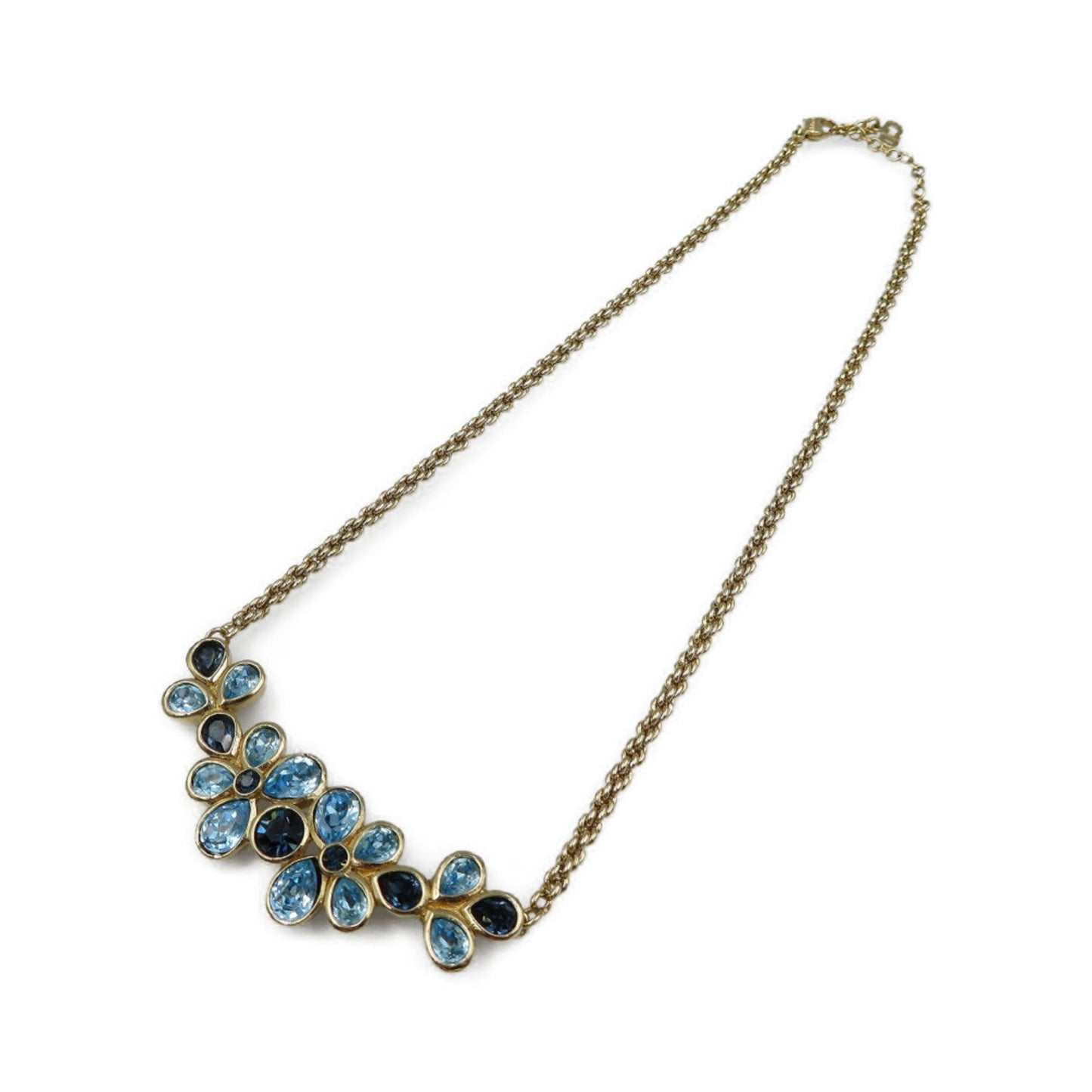 Christian Dior Flower Motif Metal Rhinestone Gold Light Blue Necklace